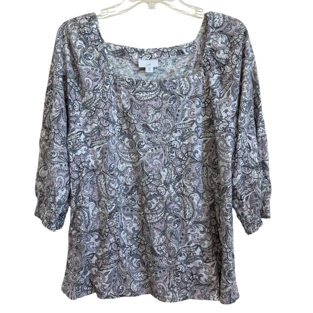 J. Jill Paisley Square Neck Top Lavender Grey Cotton Tencel Modal Petite M